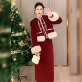 New Chinese Style Suit Retro Red New Year's Robe Limited Temperamental Jacket Half-Dress Two Sets
