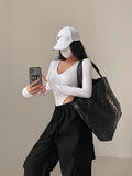 Spice Girl Sexy V-Neck Elastic Tightness Showing Lean Long Sleeves Solid-Colored Bottoming T-Shirt Blouse Woman 2025 Spring And Autumn