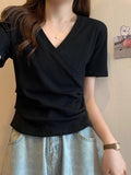 V-Neck Shoulder Short-Sleeved T-Shirt Girl 2025 Summer Small Korean Version Of The Thin-Skinny Design Top