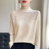 Wool Blended 2026 Autumn And Winter New Women's Lace Splicing Hollow Half-High Collar Knitted Shirt Sweater