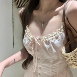 French Gentle Pink Bow Sling Dress Female Super Fairy Lace Lace Lace Lace Lace To Receive Waist A Long Dress