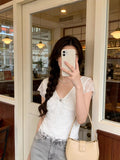 Purely Want Bm Style White Lace V-Neck Short-Sleeved T-Shirt Girl Spring And Summer 2026 New Hot Girl Repair With A Short Top