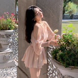 Small Temperament Long Sleeve Design Feel Shoulder To Shoulder To Close The Waist Bubble Sleeve Chiffon Dress High Waist Shorts Two Sets Of Women