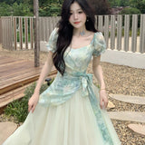 Tea Break French Sweet Fresh Dopamine-Sensitive Dyeing Printing Splicing Mesh Screen To Collect Two Dresses