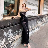 French Pure-Want Butterfly Print Sling Dress Woman Slimming Temperament Sweet Hottie Long Dress Summer
