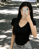 Hottie Pure Lust Wind V-Neck Machine Short-Sleeved Top T-Shirt Girl Short Straight Shoulder Repair Summer Girl Top