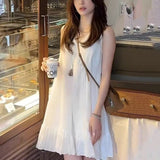Summer New White Loose Swing Lotus Leaf Side Sling Skirt Holiday Style Small Sleeveless Vest Dress