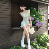 Dopamine Mint Green Flower Dress Women's Summer Gentle Wind Leaster Stitching Small Flying Sleeves To The Waist-Ponded Skirt
