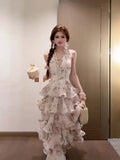 Morning Dew Cere Garden French Resort Wind Heavy Industry Print Hanging Neck Chiffon Cake Dress Women V Collar Bareback Dress