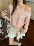 Irregular Oblique Shoulder Long-Sleeved Sweater Women's 2026 New Autumn And Winter Repair Shoulder Chic Knitted Top