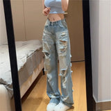 Vintage Straight Hole-Creed Jeans Women Summer Thin Tall Man Lengthy Loose Thin Beggar Drag Trousers