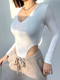 Kiche V-Necked Women In Spring And Autumn Pure Lust Hot Girls Sexy Open Waist Long-Sleeved T-Shirt