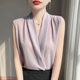 2025 Spring And Summer New Women's V Neck French Cross-Neck Fashion T-Shirt Sleeveless Short Simple Thin Top
