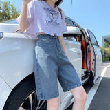 White High-Waisted Denim Shorts Women's Summer Small Big Leg Trousers Five-Pointed Trousers Loose Retro Straight Trousers