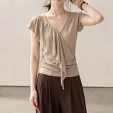 Fat MM Design Sense V-Neck Short-Sleeved T-Shirt Women's Summer New Asymmetric Lotus Leaf Edge Slim Slimming Temperament Blouse
