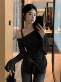 Korean Hottie Rope A Word Shoulder Dress Woman Autumn Design Sense Of Small Shoulder Wearing A Bottom Shirt Long-Sleeved T-Shirt