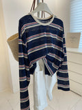 Korean Version Of The Retro Stripe Bumpy Slim Roll Round-Neck Long-Sleeved T-Shirt For Women's Loose Lazy Sun Protection Shirts Summer