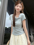 Design-Sensitive Kinesi Blue Short-Sleeved T-Shirt For Women 2025 Summer Niche Folds Chic White Sweet Spicy Shoulder Coat