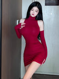 Sleeves Pure Sexy Hottie High-Collar Open-Shoulder Vest Dress Autumn Pocketed And Hip Short Skirt Girl