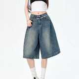 Vintage Casual Relaxation Denim Five-Point Short Men's And Women's Summer New Loose High Street Wide-Legged Trousers