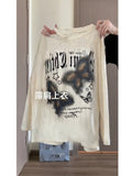 Embroidery Butterfly Waste Soil Wind Long-Sleeved T-Shirts For Spring And Autumn Loose Lazy Hole Vintage Pure Want To Show The Shoulder Hottie Shirt