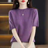 Wool Blending 2026 Autumn And Winter New Women's Round Collar Collar Drawing Solid Color Hollow Top Five-Sleeve Knitted Shirt