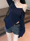 Irregular Opening Fork Inclined Shoulder Long-Sleeved T-Shirt Girl Spring Pure Desire A Word Shoulder-To-Shoulder Shirt Inside The Shoulder Jacket