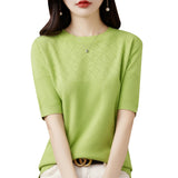 Wool Blending 2026 Autumn And Winter New Women's Round Collar Collar Drawing Solid Color Hollow Top Five-Sleeve Knitted Shirt