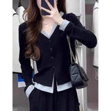 Black Fake Two V-Neck Long-Sleeved T-Shirt Women Autumn Korean Slimmed Bottom Shirt Design Feel Thin Top