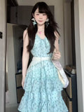 French Holiday Style Mint Green Crumlode Dress Women Summer Small Design Feel Waist Thin Cake Dress