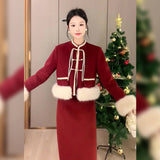 New Chinese Style Suit Retro Red New Year's Robe Limited Temperamental Jacket Half-Dress Two Sets