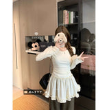 Korean Lace Splicing Bottom Long-Sleeved T-Shirt Women's Autumn And Winter New Slimming Threaded De-Velvet Skirt In Tide