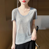 2026 Spring And Summer Women's New Shoulder Short T-Shirt Fashion U Collar Slim Bottom Shirt Short Sleeve Thin Fashion Top