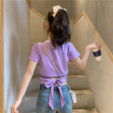 Design Sense Short-Sleeved T-Shirt Women's Summer 2025 New Korean Version Of Pure-Bout Hot Girl Bare Back Bow Short Top Tide