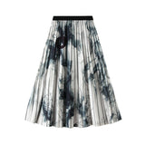 Ink Print Half-Dress Women's Long-Retro High-Waist Temperament Big Swinging 100-Folded Skirt 2125