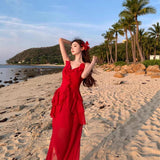 French Beautiful Irregular Lotus Leaf Side Red Sling Dress Female Summer Seaside Atmosphere Temperament Dress