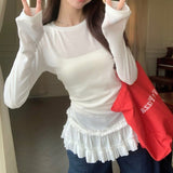 Ballet Style Lace Lace Under The Bottom Of The Bottom Shirt Women's Spring Spring New Fat Mm Folded Clothes Thin Long Sleeves T-Shirt