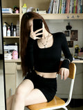 Round-Necked Hottie Shoulder T-Shirt Girl Autumn New Retro Pure Desire To Cultivate Long Sleeves Short Blouse