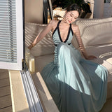 Beautiful Dopamine Atmosphere Holiday Wind Mint Green Hanging Neck Deep V Chest Hollow Back Temperament Slings Long Skirt