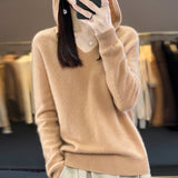 Line Ready-On-Line Ready-Clothing 100% Pure Wool 2026 Autumn And Winter New Women's V-Neck Hooded Hoodie Short Needle Sweater