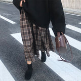 Temperament Skirt Mid-Dressed Autumn And Winter 2025 New Brown Lattice Half-Body A-Dress Woman High-Waist Retro Temperament