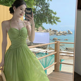 French Green Ribbon Sling Dress Woman Supine Yunnan Dali Thailand Seaside Beach Dress