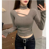 Small Design Hollowed Out Devet T-Shirt Girl Autumn New Pure Hot Girl Hanging Neck Thin Long Sleeve Top