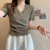 V-Neck Shoulder Short-Sleeved T-Shirt Girl 2025 Summer Small Korean Version Of The Thin-Skinny Design Top