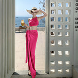 Summer Beautiful Wearing Suit Seaside Vacation Rose Red Shoulder Bra Small Vest Open Skirt Two-Piece Dress