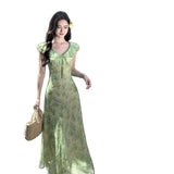 Seaside Holiday Green Flowers Small Flying Sleeve Dress Gentle Temperament Is Beautiful Waist A Word Beach Dress