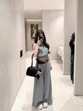 Korean Slanted Shoulder Leisure Sportswear Suit Women's Summer Age Reduction Waist Short-Sleeved Top High-Waist Broad Leg Pants Two Sets