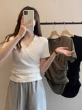 V-Neck Shoulder Short-Sleeved T-Shirt Girl 2025 Summer Small Korean Version Of The Thin-Skinny Design Top
