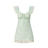 Dopamine Mint Green Flower Dress Women's Summer Gentle Wind Leaster Stitching Small Flying Sleeves To The Waist-Ponded Skirt