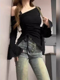 Pure Style Casual Fashion Open Shoulder Sleeves Long-Sleeved Shirt Women's Autumn Irregularly Slim Long-Sleeved Top